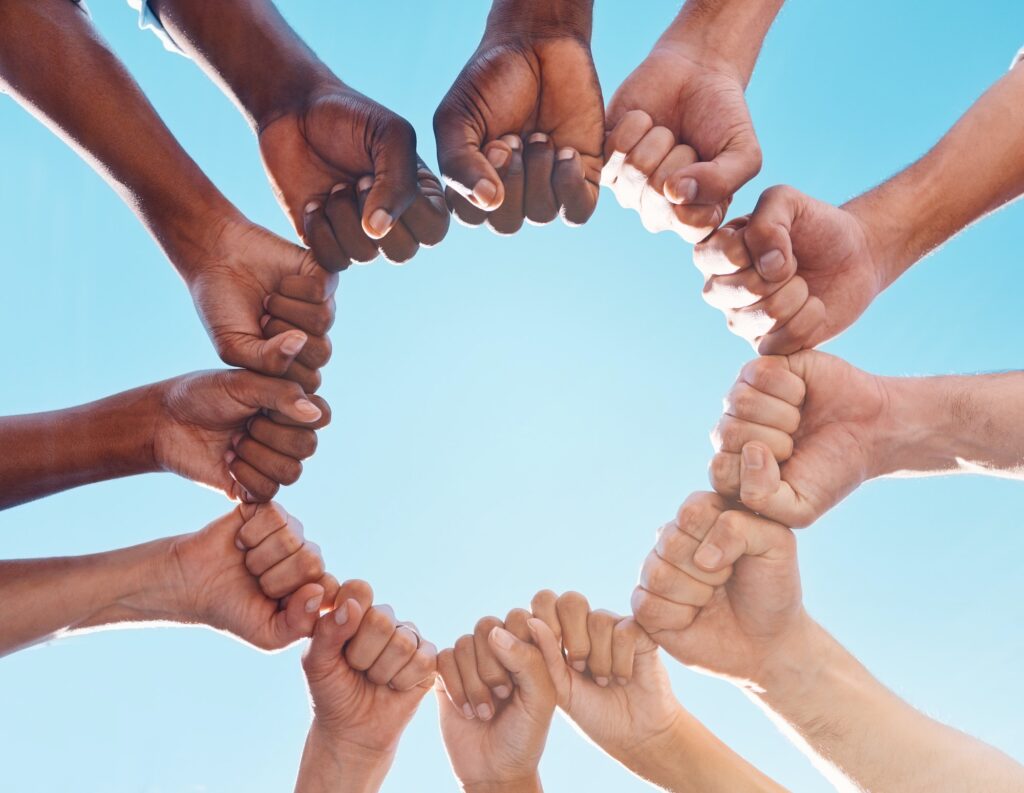 Fist hands, circle and diversity support human rights people, protest group and freedom of racism o